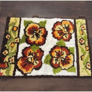 Vtg Latch Hook MCM Rug Wall Hanging Pansy Flowers Hippy 70s Shag Brown Orange